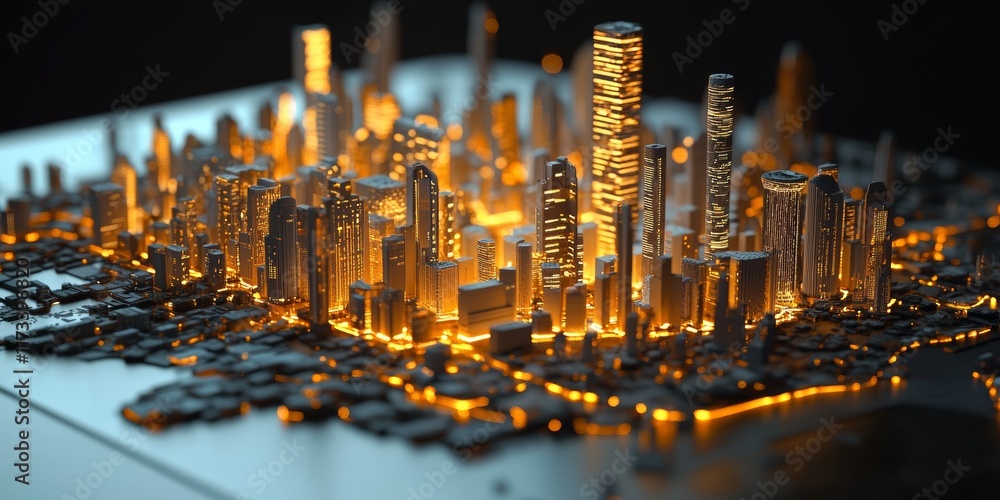 Aufkleber futuristic big data network visualization of a realistic cityscape with illuminated buildings and de