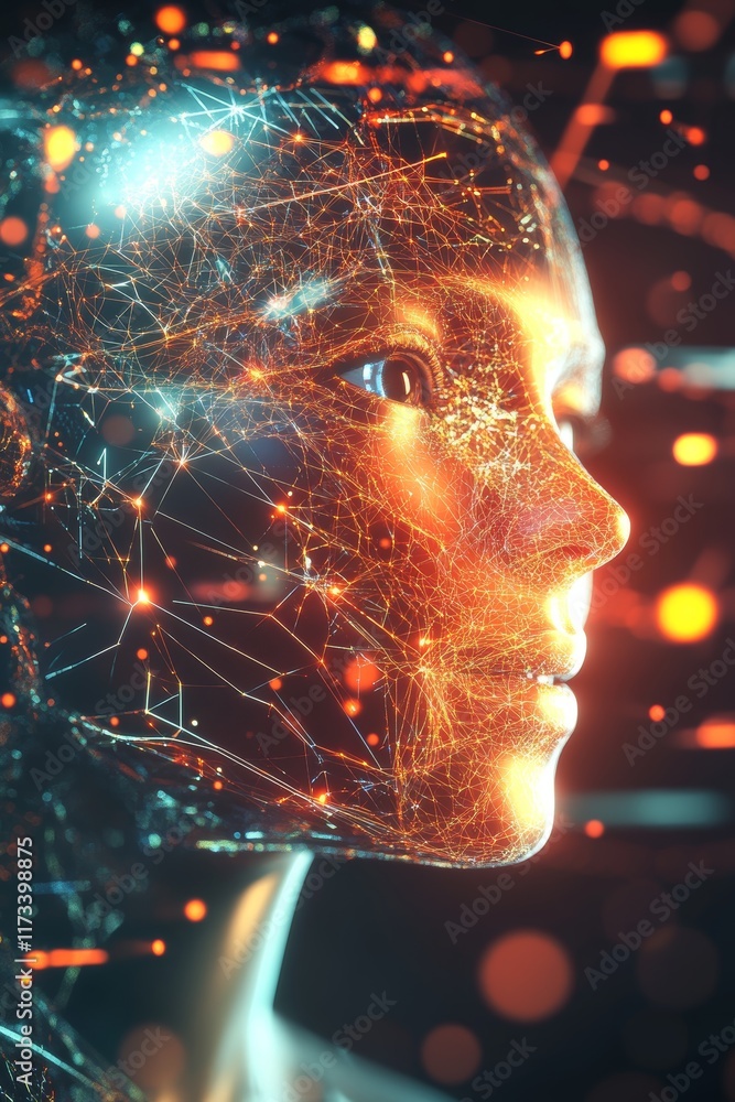 Poster discover a realistic depiction of big data visualization featuring an abstract human profile illumin