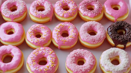 Brightly colored donuts arranged in a box showcasing various toppings and designs perfect for a celebration or gathering