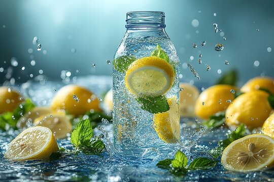 Refreshing lemon and mint infused water splashing in a bottle. - Powered by Adobe