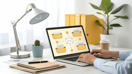 Fototapeta premium Organized Workspace with Laptop and Digital Communication Concept