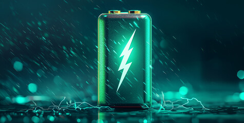A vibrant battery emits energy with a striking lightning symbol, surrounded by dynamic light effects and droplets, conveying power and innovation.