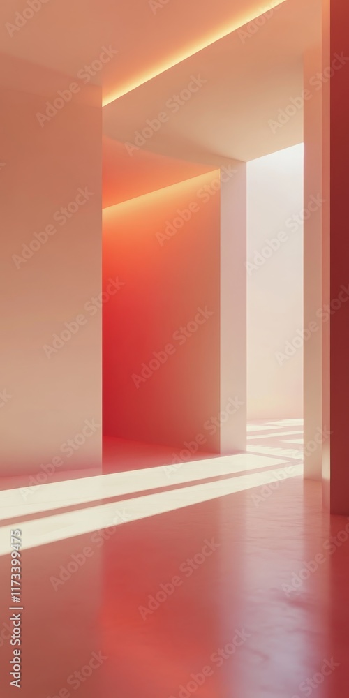 Poster bright interior space with abstract shapes and warm light creating soft shadows. a serene and modern