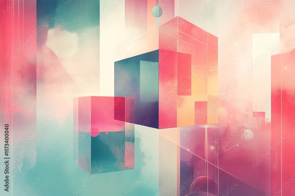 Poster surreal abstract art featuring floating geometric cubes in pastel colors, creating a dreamy and ethe