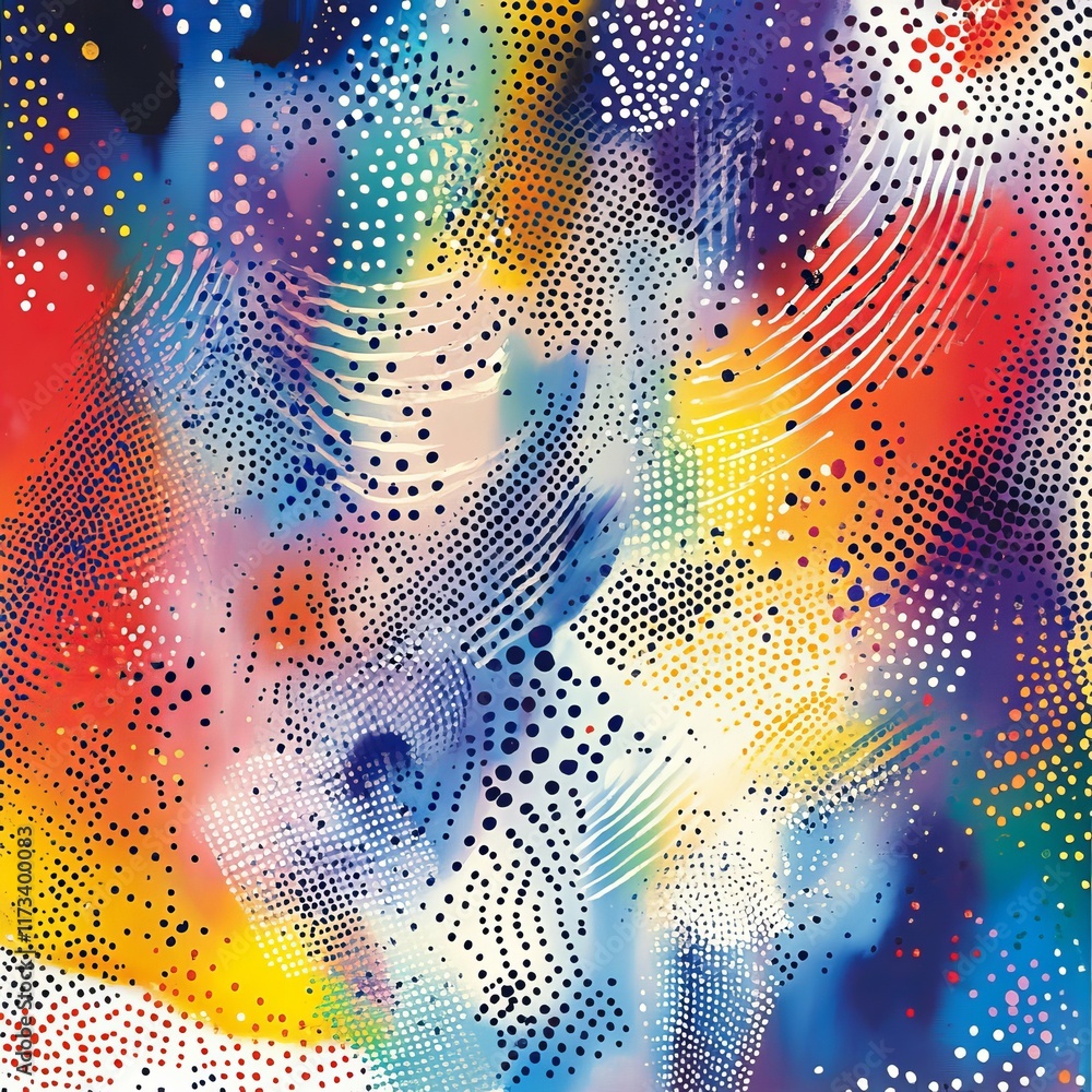 Poster a lively abstract artwork featuring a mix of colorful dots and wave patterns, perfect for adding ene