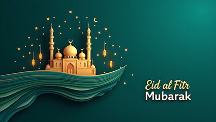 Festive Eid al Fitr Digital Art with Mosque, Lanterns, and Golden Crescent Moons