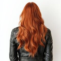 Naklejka premium Back view of a fashionable urban woman wearing jeans and a leather jacket with long red hair