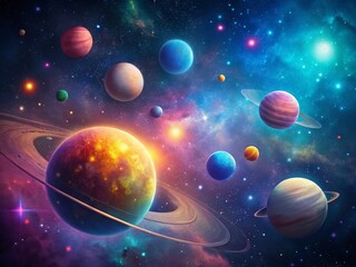 Naklejka premium Minimalist Majestic Universe: Colorful Planets and Sparkling Stars