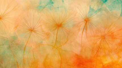 Abstract pastel background with delicate dandelion seed heads and translucent leaves.