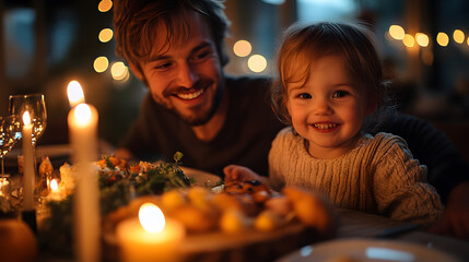 A warm photography capturing a family gathered around a rustic dinner table, sharing laughter and food under the soft glow of candles, exuding harmony and joy.