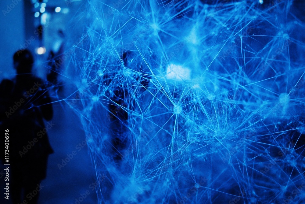 Poster Abstract blue network structure with blurred people in background.
