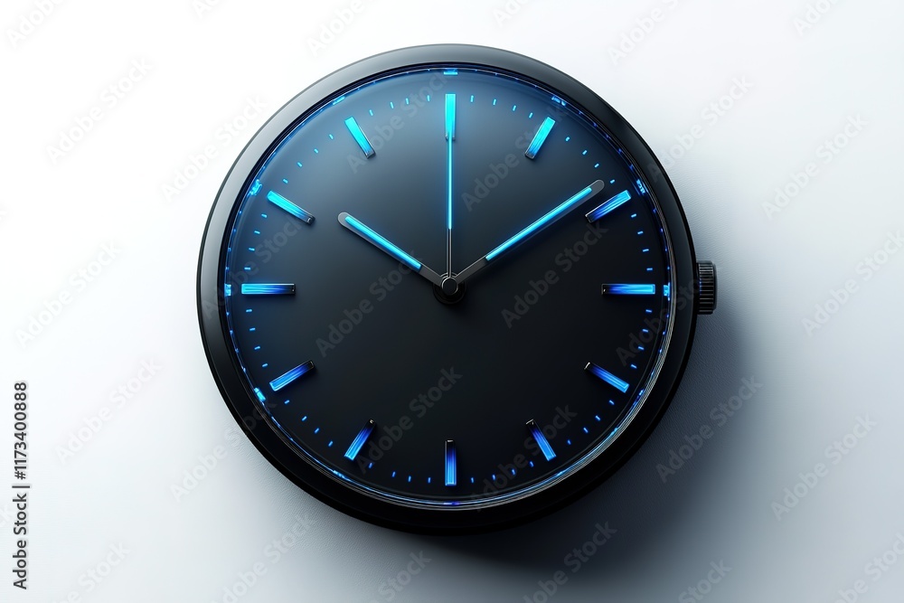 Poster sleek analog clock with luminous blue accents against a white background. perfect for concepts of ti