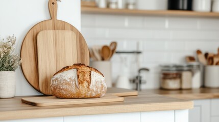 A homely kitchen setting with rustic wooden accents and freshly baked bread, creating a warm and inviting atmosphere for family gatherings.