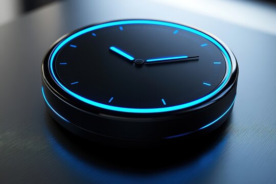 Modern digital clock with glowing blue accents. Sleek design, minimalist style. Perfect for time management concepts.