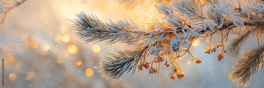 Aufkleber frosty pine branch with bokeh lights.