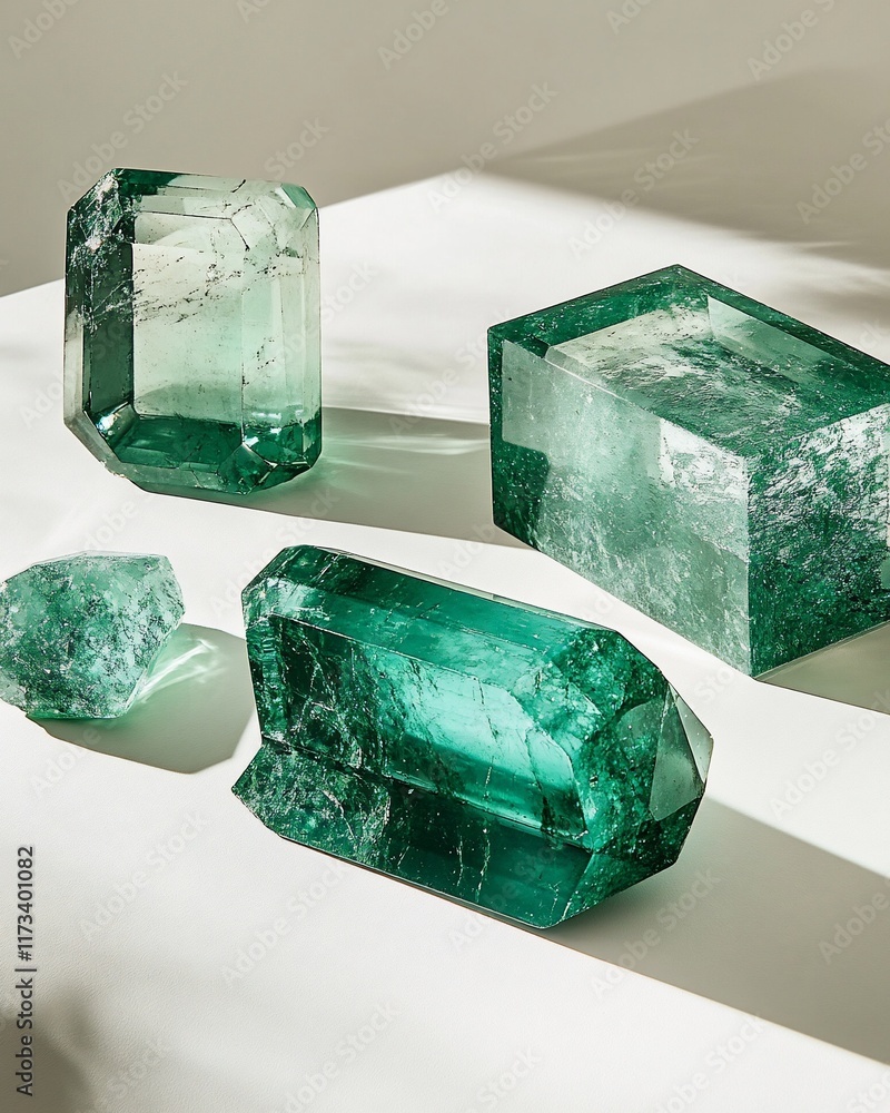 Aufkleber Four green crystals of varying shapes and sizes displayed on a white surface, illuminated by soft, natural light.