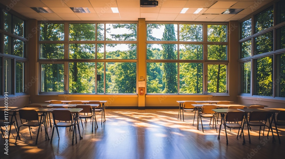 Poster Empty classroom with large windows overlooking lush green trees.
