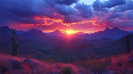Vibrant sunset over a desert mountain range with cacti.