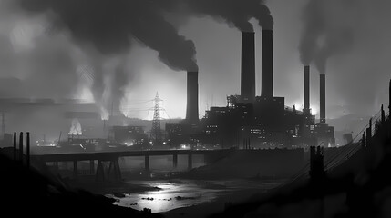 Industrial power generation coal-fired plant black and white photography urban landscape dusk environmental impact. Nightfall. Illustration