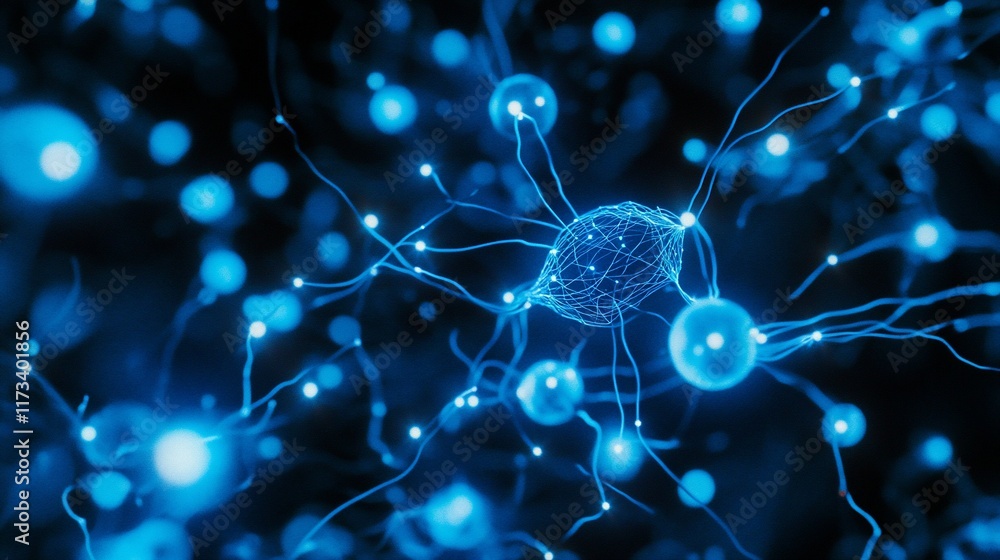 Poster microscopic view of glowing blue neurons and synapses.