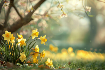 A flower bed with yellow daffodils in the spring sun rays growing under the tree in the garden, bright yellow daffodil flower background for spring or love designs © Jana