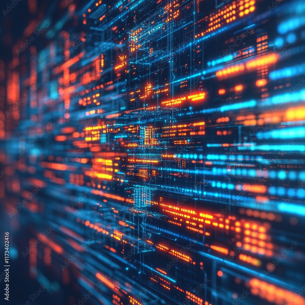 Poster dynamic digital data flow visualization with bright colors and futuristic design elements
