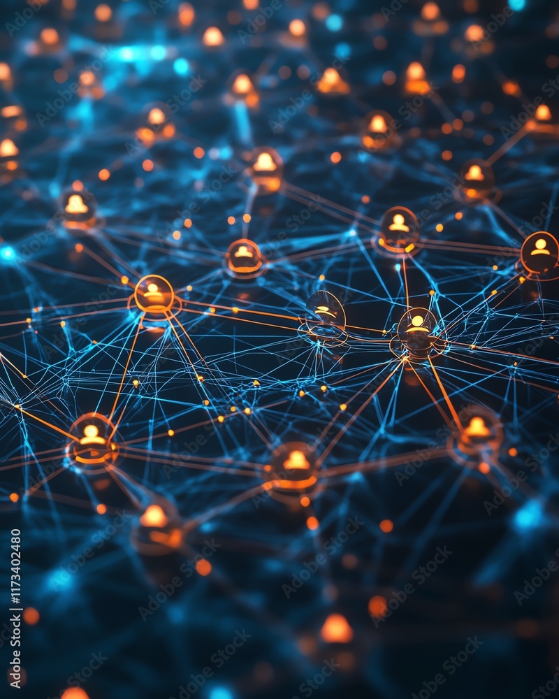 Poster 3drendered social network concept, illuminated user icons connected by digital lines, dark backgroun