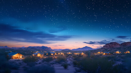 Naklejka premium Stargazing event over desert landscape at dusk night sky photography tranquil environment wide-angle view. Nightfall. Illustration