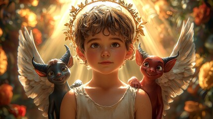 thoughtful child gazes viewer flanked serene angel and mischievous devil. colorful background highlights child's inner decision making journey.