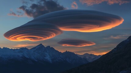 UFO-shaped lenticular clouds hovering over mountains, creating a unique and rare visual phenomenon