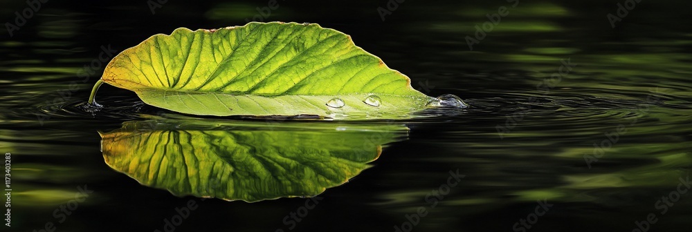 Poster a single green leaf floats on calm water, its reflection mirrored perfectly.