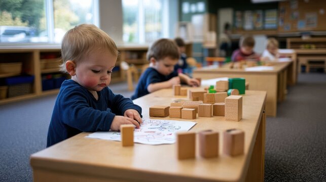 A lively kindergarten classroom shows focused children engaging with blocks and coloring, fostering creativity and learning amid bright, cheerful surroundings.