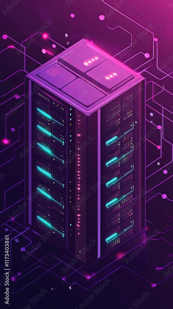 Poster tall building with a purple background and neon lights. the building is surrounded by a network of w