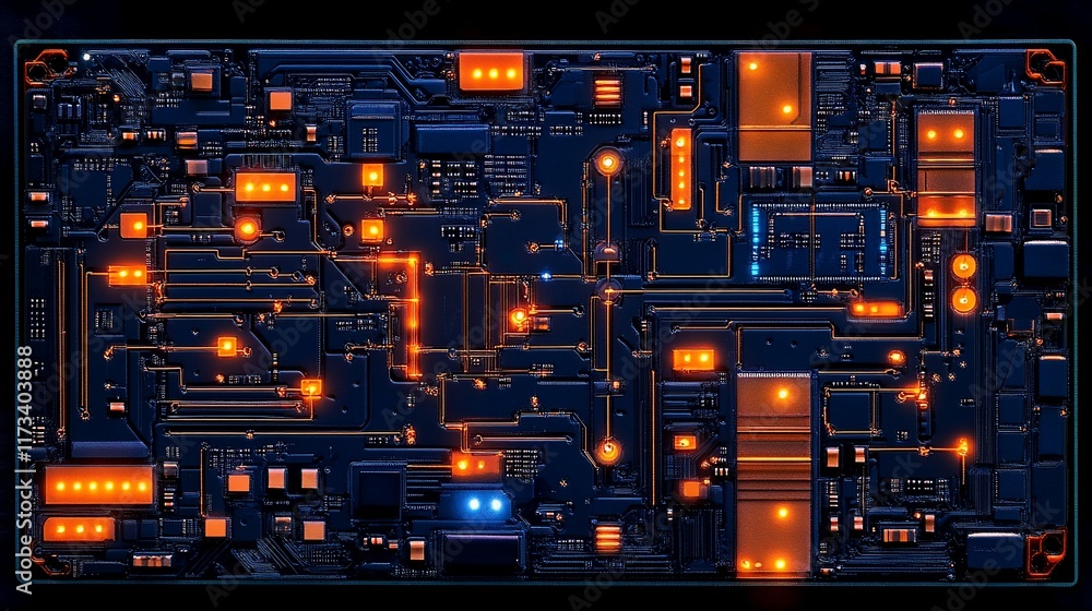 Poster close-up of a complex circuit board with glowing orange and blue components.