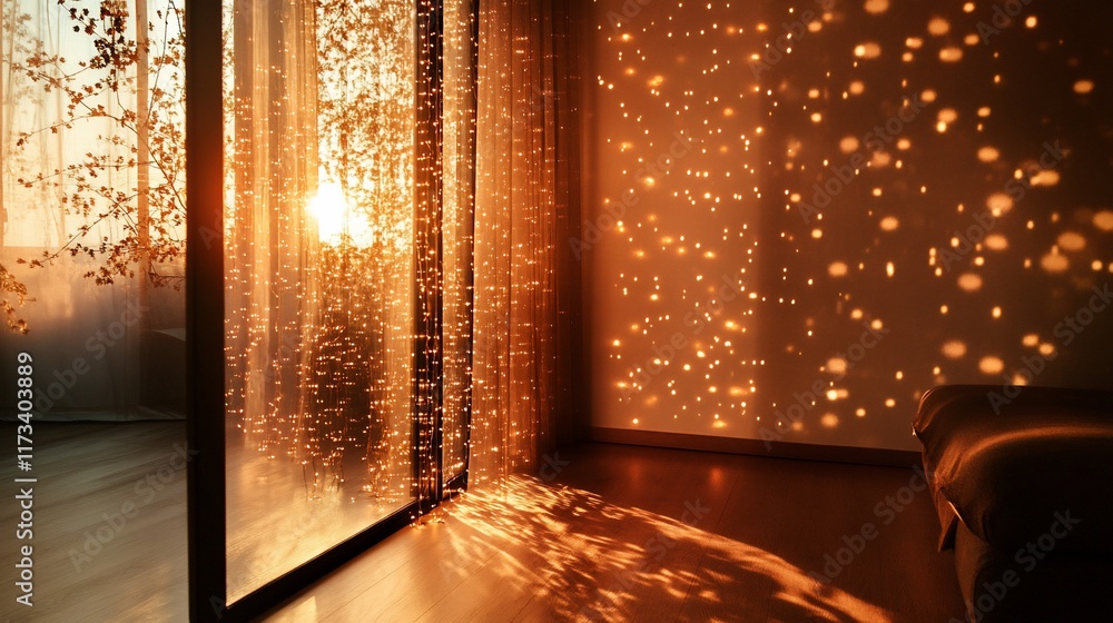 Poster sunset light through sheer curtains casts warm, shimmering patterns on wall and floor.