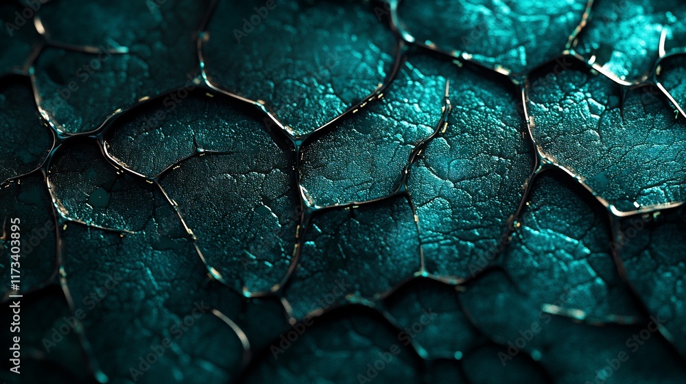 Poster close-up of a dark teal textured surface with cracked, polygon-like patterns.