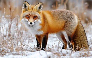 Obraz premium Red fox standing elegantly in snowy grassland during winter, showcasing its vibrant fur and keen expression in a natural habitat