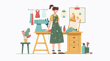 Creative Fashion Design Concept with Young Girl Sewing