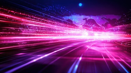 Abstract technology background with glowing lines and world map, visualizing global network connectivity