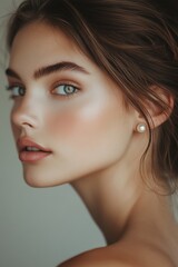 Naklejka premium Young woman with striking green eyes and natural makeup showcasing glowing skin and pearl earrings in an indoor setting during daylight