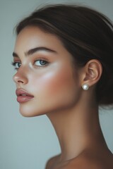 Fototapeta premium Beauty portrait of a woman with natural makeup and pearl earrings showcasing soft features and elegant profile in a serene setting