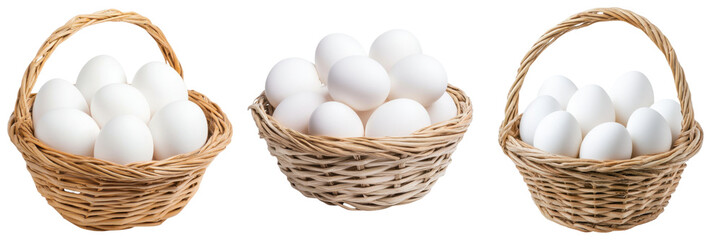 Fresh white eggs in straw baskets, perfect for cooking and baking