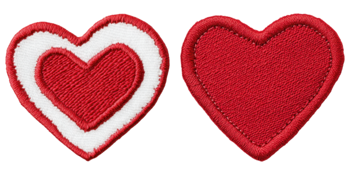Embroidered heart shaped patches in vibrant red and white designs