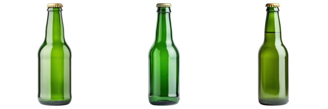 Empty green glass beer bottles with smooth texture and varying levels