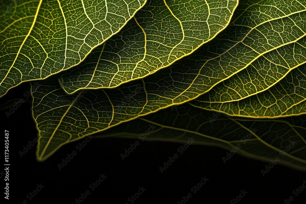 Aufkleber close-up of overlapping green leaves, showcasing intricate vein patterns against a dark background.