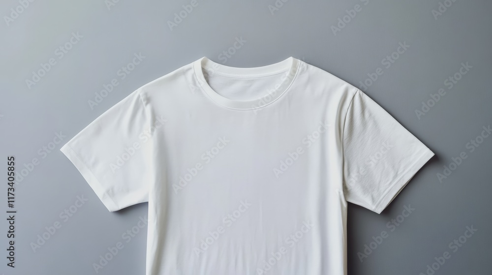 Poster White t shirt mockup featuring a blank design space, hanging against a plain gray background, ideal for displaying apparel designs, logos, or custom text in a clean, modern setting
