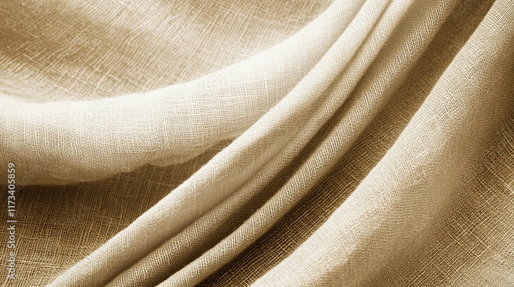 Aufkleber close-up of beige fabric with soft folds and wrinkles, showcasing texture and drape.