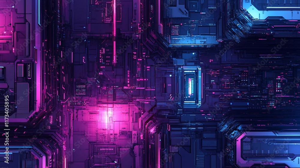 Aufkleber abstract digital art depicting a complex network of glowing purple and blue circuits and structures.
