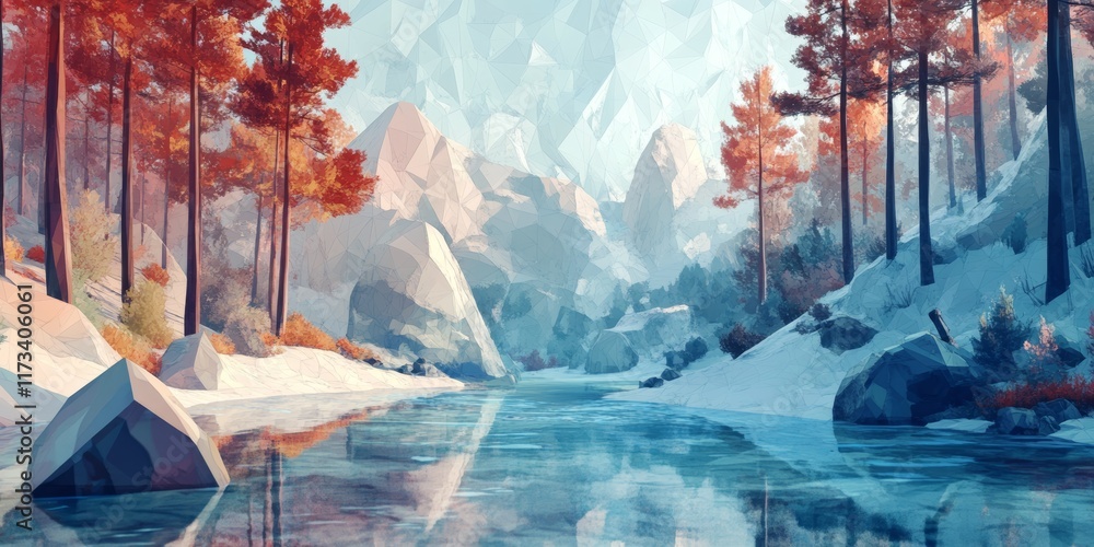 Aufkleber a painting of a snowy mountain range with a river running through it. the trees are bare and the sky