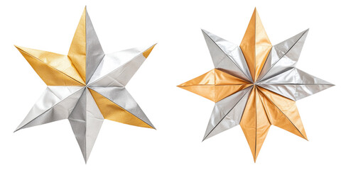 Obraz premium Shiny star shaped decorations in silver and gold colors, perfect for festive occasions